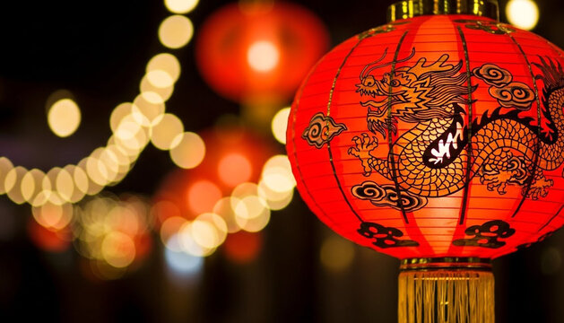 Traditional Chinese Lanterns with Golden Bokeh Lights - Powered by Adobe