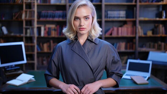 Confident fashion model mid pose in a library studio setting, brightly lit.
