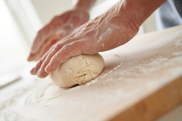 Bakery hands shape dough on a flour-dusted counter, with flour clouds rising softly