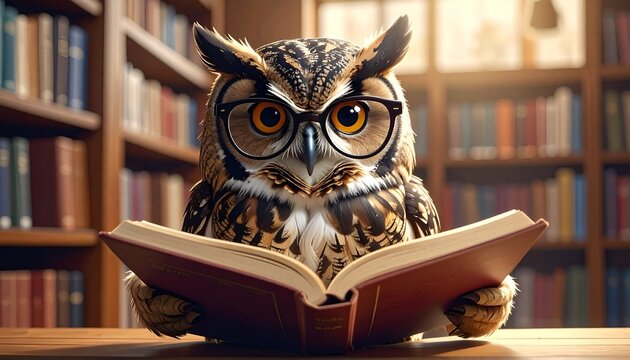 Owl wearing glasses reading an open book at a desk in a library, surrounded by bookshelves, evoking wisdom, knowledge, and scholarly charm through anthropomorphic and educational symbolism.