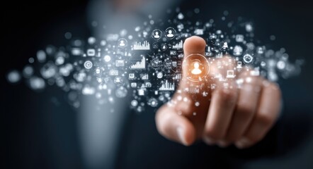 Finger touches glowing icons, representing data connection