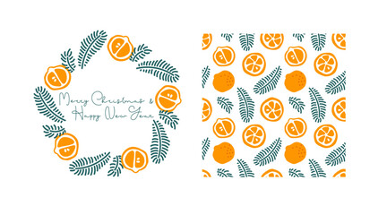 Festive designs with tangerine ore orange slices and spruce branches for holiday cards, winter designs. Christmas Seamless pattern, round frame. Hand drawn Doodle vector illustration with inscription.