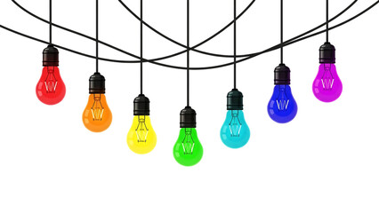 Colorful rainbow light bulbs string on transparent