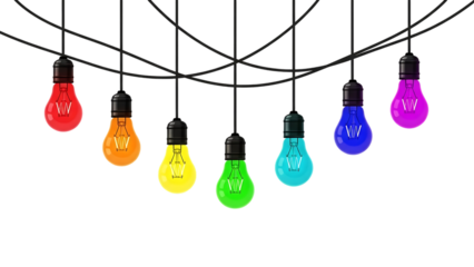 Colorful rainbow light bulbs string on transparent