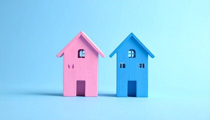 Naklejka premium Two small stylized house models side by side against light blue background, one pink and one blue, each with pitched roof, rectangular door, and two square windows, minimalistic and visually balanced.