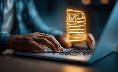 Typing; document icon hovering over laptop