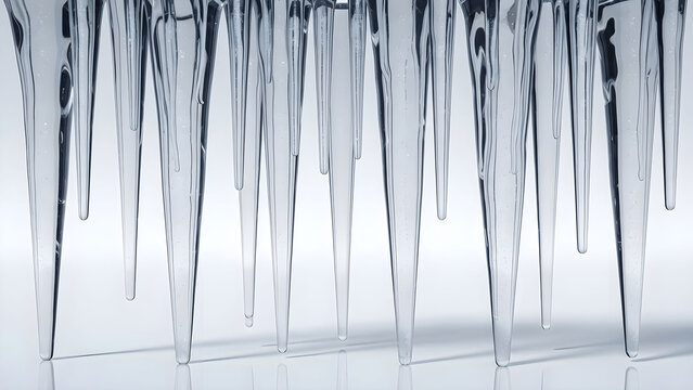 Close up of sharp icicles hanging down in winter with a bright white background
