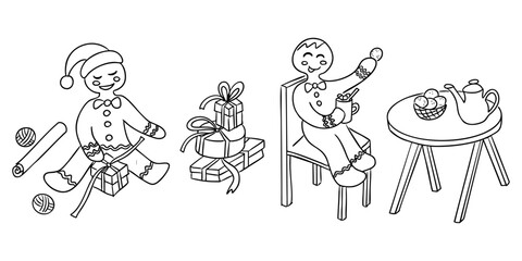 Gingerbread characters wrapping gifts and enjoying tea in a festive holiday setting, drawn as a simple line illustration. The concept shows cozy Christmas preparation and warm seasonal celebration