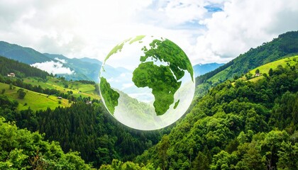 Lush green mountainous landscape with forests and grassy areas under cloudy sky, overlaid with semi-transparent globe showing Africa and Europe, symbolizing ecological awareness and global unity.