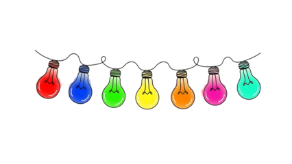 Colorful light bulbs in a row isolated on transparent background