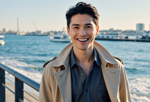 Close-up fashion portrait by the waterfront facing the camera with a smile