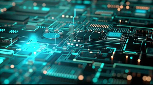 Detailed view of computer circuit board components electronic circuitry features interconnected processors and wires