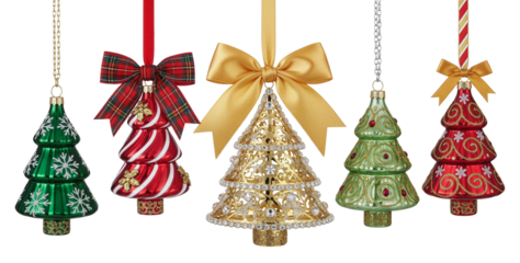 Set of colorful Christmas tree ornaments with ribbons, isolated on transparent background.