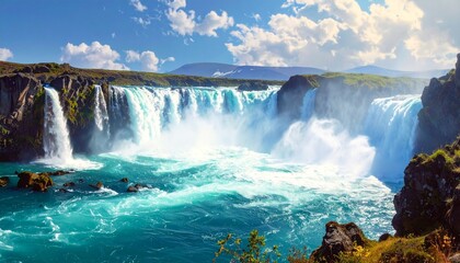 Fototapeta premium Majestic natural landscape with powerful waterfall cascading into vibrant turquoise river, surrounded by cliffs, greenery, and snow-capped mountains under colorful sunrise or sunset sky with warm glow