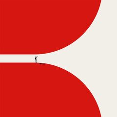 Obraz premium Minimalist vector concept illustration of a leader standing at a red horizon opening. This illustrates the search for new business opportunities, strategic planning, and future market expansion.