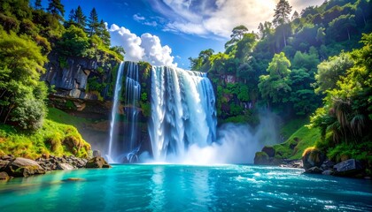 Majestic natural landscape with powerful waterfall cascading into vibrant turquoise river, surrounded by cliffs, greenery, and snow-capped mountains under colorful sunrise or sunset sky with warm glow
