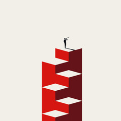 A minimalist vector concept illustration of a businessman standing at the peak of a staircase using a telescope. He is looking for new goals, symbolizing career success, leadership, strategic vision.