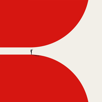 Minimalist vector concept illustration of a leader standing at a red horizon opening. This illustrates the search for new business opportunities, strategic planning, and future market expansion.