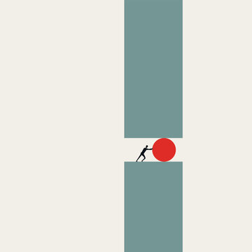 Minimalist vector concept illustration of a man pushing a red ball to bridge a cliff gap. It symbolizes overcoming obstacles, problem-solving, hard work, and finding business solutions.