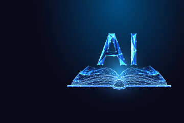 Artificial intelligence knowledge book glowing AI text in futuristic digital low poly style