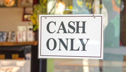 White outdoor sign with bold black text reading “CASH ONLY” placed in front of wooden structure, surrounded by plants and flowers, clearly communicating payment policy in rustic retail setting.