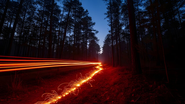 Dynamic light streaks illuminate a mystical forest path at sundown. - Powered by Adobe
