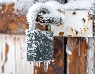 A sturdy black padlock covered in a thick layer of glistening white snow and sharp icicles against