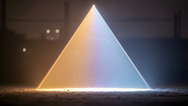 Abstract radiant triangle emitting colorful light on textured surface