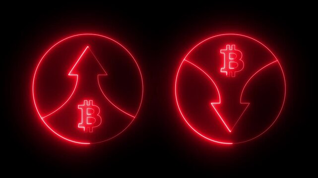 neon bitcoin with arrows up and down icon. bitcoin price increase and decrease. bitcoin rate up and down. creating a dynamic representation of Cryptocurrency Market fluctuations or profit and loss.
