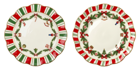 Festive Christmas decorative plates with red and green patterns, isolated on transparent background.