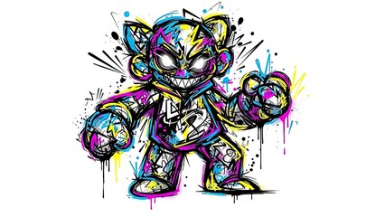 Fototapeta premium Graffiti Bear Illustration - Colorful, Aggressive Cartoon Character