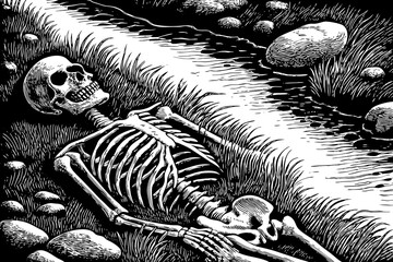 quiet skeleton lies near a smooth riverbank with flowing clear water, scattered stones, soft grass, and peaceful natural reflections