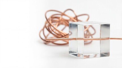 A wire is wrapped around a clear cube