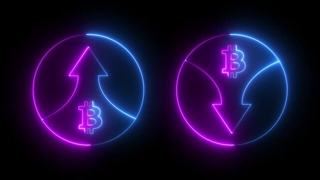 neon bitcoin with arrows up and down icon. bitcoin price increase and decrease. bitcoin rate up and down. creating a dynamic representation of Cryptocurrency Market fluctuations or profit and loss.