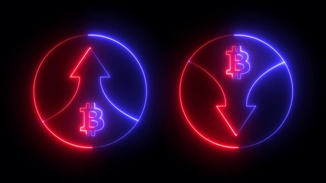 neon bitcoin with arrows up and down icon. bitcoin price increase and decrease. bitcoin rate up and down. creating a dynamic representation of Cryptocurrency Market fluctuations or profit and loss.
