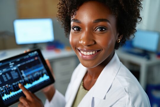 Female scientist studies streaming data on tablet displaying evolving graphs. - Powered by Adobe