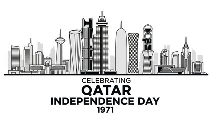 Obraz premium Black and white vector illustration of Doha city skyline celebrating Qatar Independence Day 1971 with modern buildings and skyscrapers.