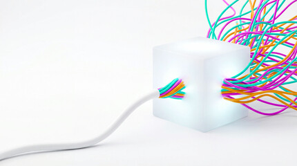A white cube with colorful wires coming out of it
