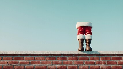 Humorous, festive scene of Santa Claus's legs sticking out of a chimney. Santa chimney America Christmas 