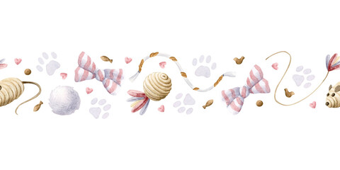 Watercolor cat toys seamless border with balls, pompom, mouse toys, rope with feathers and bows. Cute repeat banner in pastel beige, pink and purple. Pet goods clip art with hearts and paws