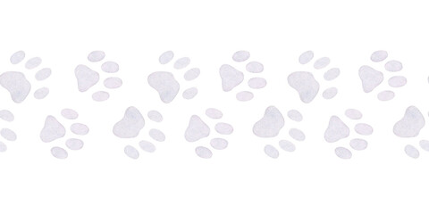 Watercolor cat and dog paw prints seamless border isolated on white in pastel purple lavender color. Hand drawn repeat banner in simple minimalist style for domestic animals food designs and pet shops © Elena Malgina