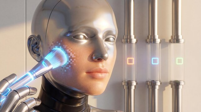 A woman is using a brush on her face in a futuristic setting