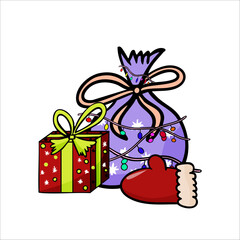 Vector color illustration of hand drawn New Year box with gifts and New Year bag with gifts on white background