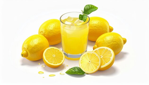 Refreshing lemon drink surrounded by fresh lemons on a clean white background