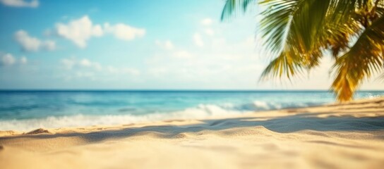 Fototapeta premium A serene beach scene with soft sand, gentle waves, and a palm tree under a bright blue sky, inviting relaxation and tranquility.