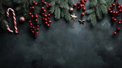 Festive christmas garland with red berries candy canes and pine branches on dark textured background