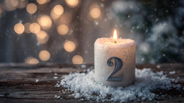 Advent candle marked with the number 2 lit on the second Sunday of Advent preparation and anticipation leading up to Christmas. Advent candle marked with the number 2 snowflakes bokeh background.