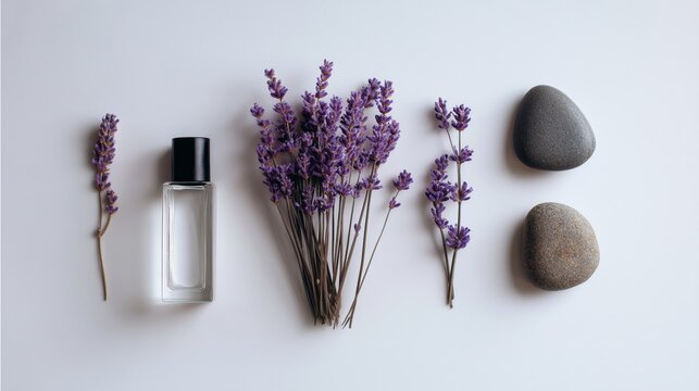 Lavender and stones create a calming arrangement for a serene ambiance in nature