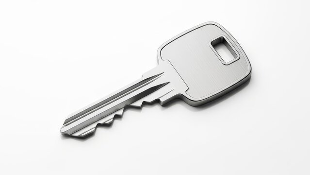 A single, clean, silver-colored key with a brushed metal texture lies diagonally on a pristine white background. The image evokes themes of security, access, and ownership.