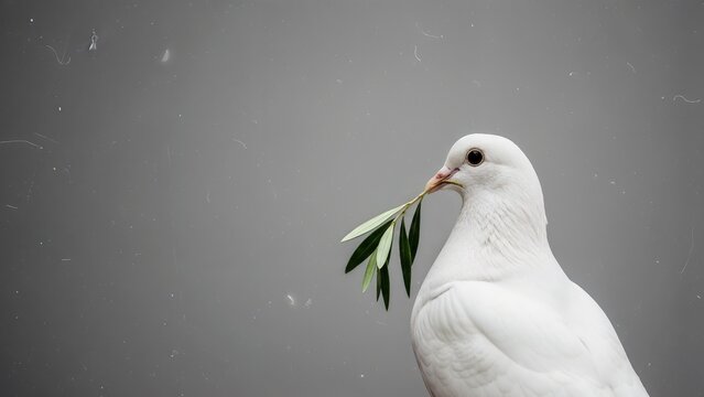 White dove holding an olive branch against a gray background. It symbolizes peace and international agreement.   - Powered by Adobe